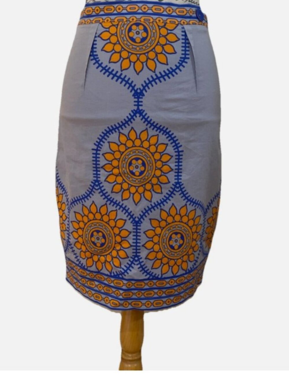 Anthropologie Blue Pencil Skirt with Yellow Floral Medallions